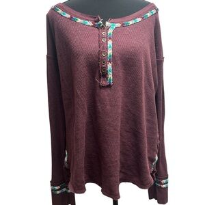 We The Free Maroon Long Sleeve Top with Embroidered Accents